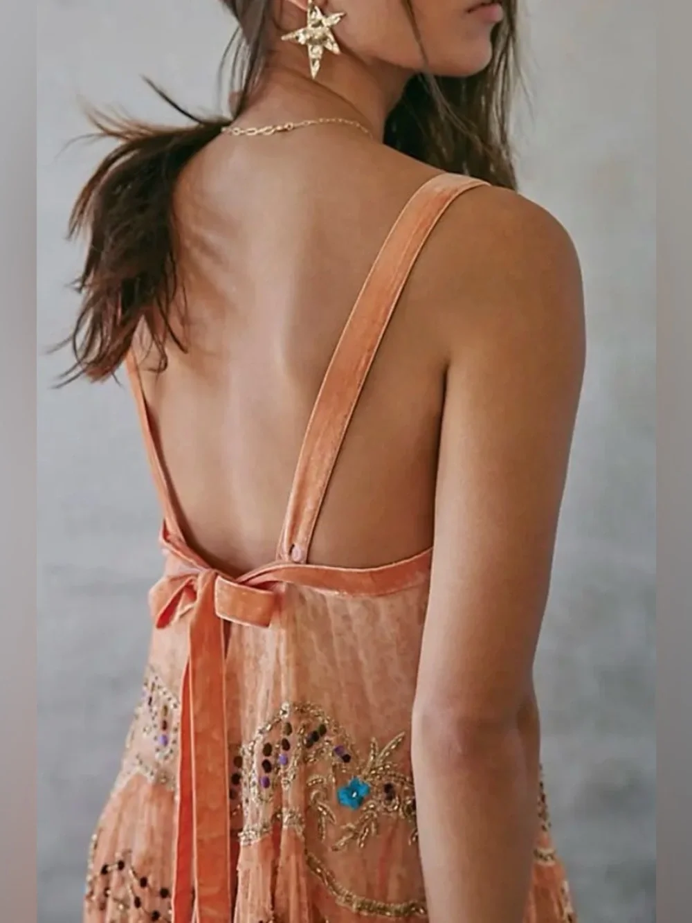 EXQUISITE Free People Peach Embroidered and beaded Maxi Dress - Picture 2 of 14